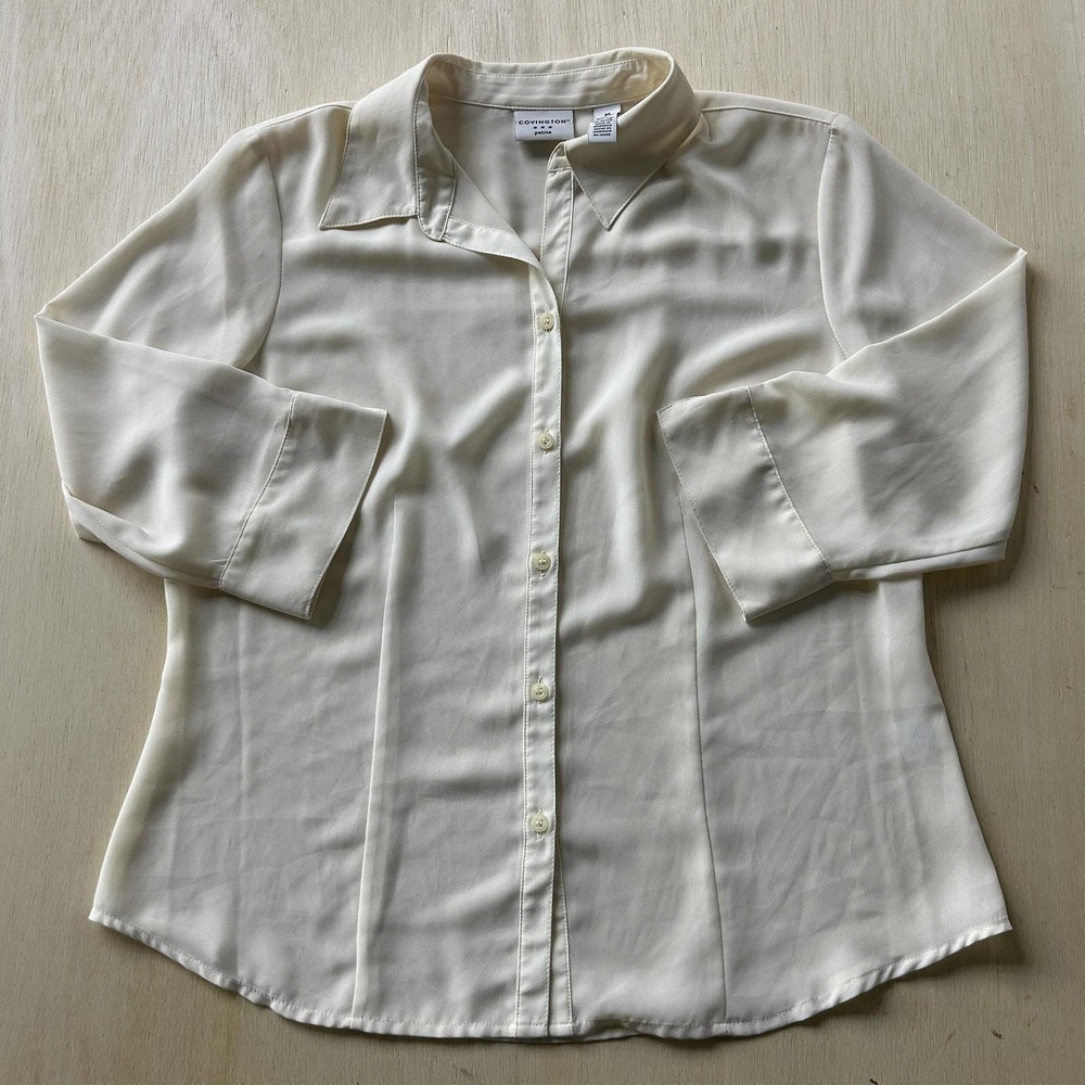 Vintage Covington Blouse Womens M Petite White Collared 3/4 Sleeve Lightweight